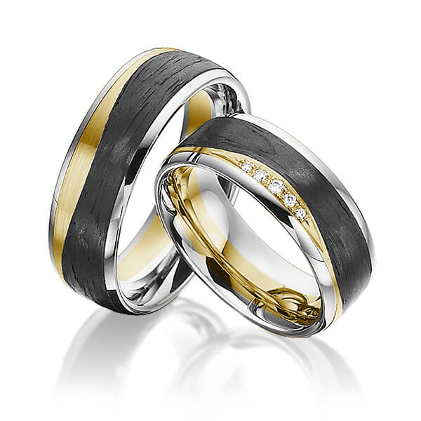 Paar Carbon Trauringe/Eheringe in Graugold 585 Gelbgold 585 Gelbgold 585 Carbon-Einzug mit zus. 0,045 ct. Brillant tw, si von 123GOLD