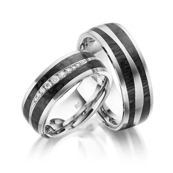 Paar Carbon Trauringe/Eheringe in Graugold 585 Graugold 585 mit Carbon-Einzug mit zus. 0,11 ct. Brillant tw, si von acredo