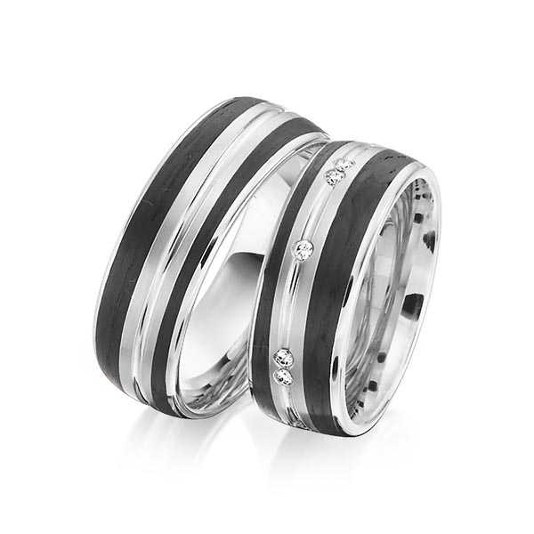 Paar Carbon Trauringe/Eheringe in Graugold 585 Graugold 585 mit Carbon-Einzug mit zus. 0,15 ct. Brillant tw, si von 123GOLD