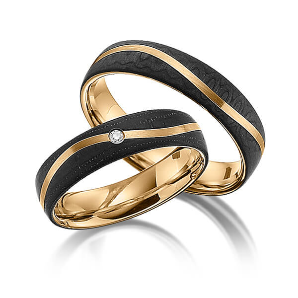 Paar Carbon Trauringe/Eheringe in Roségold 585 Carbon-Einzug mit zus. 0,02 ct. Brillant tw, si von 123GOLD