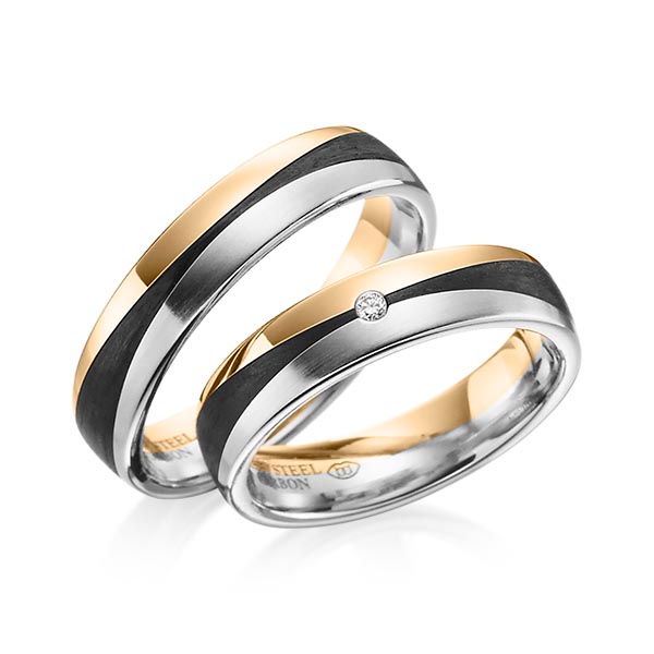 Paar Carbon Trauringe/Eheringe in Roségold 585 Roségold 585 Carbon-Einzug Edelstahl Carbon-Einzug mit zus. 0,02 ct. Brillant tw, si von 123GOLD