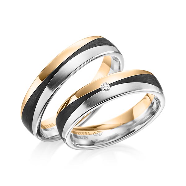 Paar Carbon Trauringe/Eheringe in Roségold 585 Roségold 585 Carbon-Einzug Weißgold 585 Carbon-Einzug mit zus. 0,02 ct. Brillant tw, si von 123GOLD