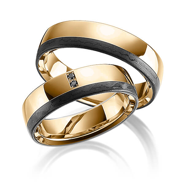 Paar Carbon Trauringe/Eheringe in Roségold 585 Roségold 585 mit Carbon-Einzug mit zus. 0,02 ct. Brillant schwarz von 123GOLD