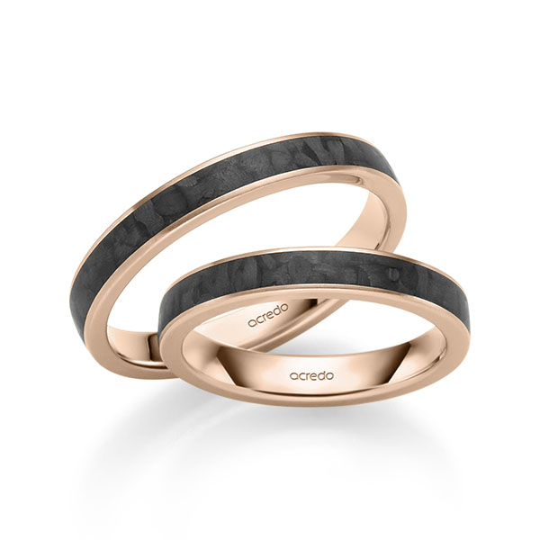 Paar Carbon Trauringe/Eheringe in Rotgold 585 Carbon-Einzug von acredo - S-1308-4