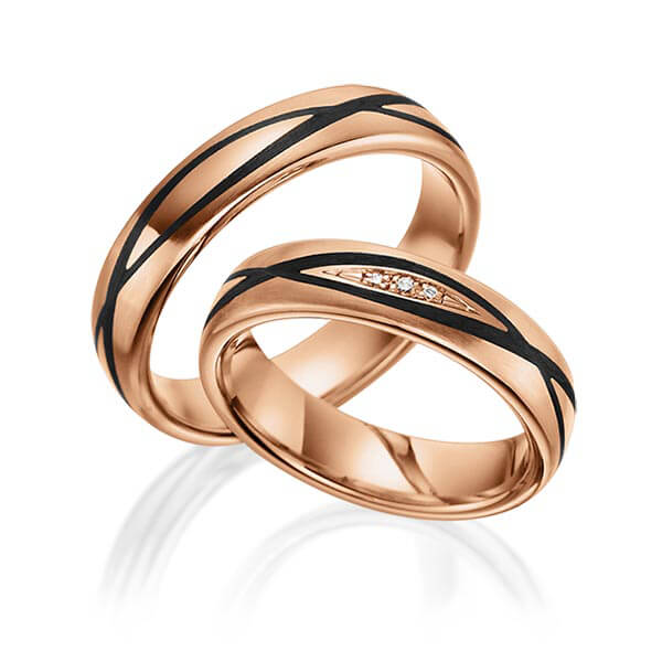 Paar Carbon Trauringe/Eheringe in Rotgold 585 mit zus. 0,035 ct. Brillant tw, si von 123GOLD