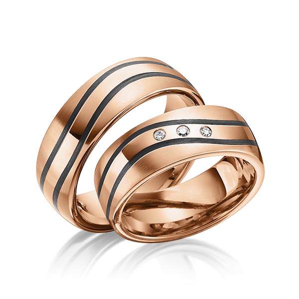 Paar Carbon Trauringe/Eheringe in Rotgold 585 mit zus. 0,045 ct. Brillant tw, si von 123GOLD