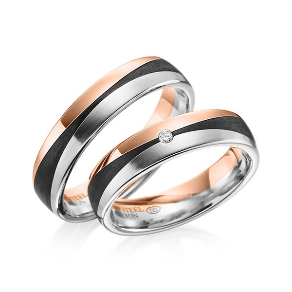 Paar Carbon Trauringe/Eheringe in Rotgold 585 Rotgold 585 Carbon-Einzug Edelstahl Carbon-Einzug mit zus. 0,02 ct. Brillant tw, si von 123GOLD