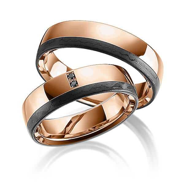 Paar Carbon Trauringe/Eheringe in Rotgold 585 Rotgold 585 Carbon-Einzug mit zus. 0,02 ct. Brillant schwarz von 123GOLD