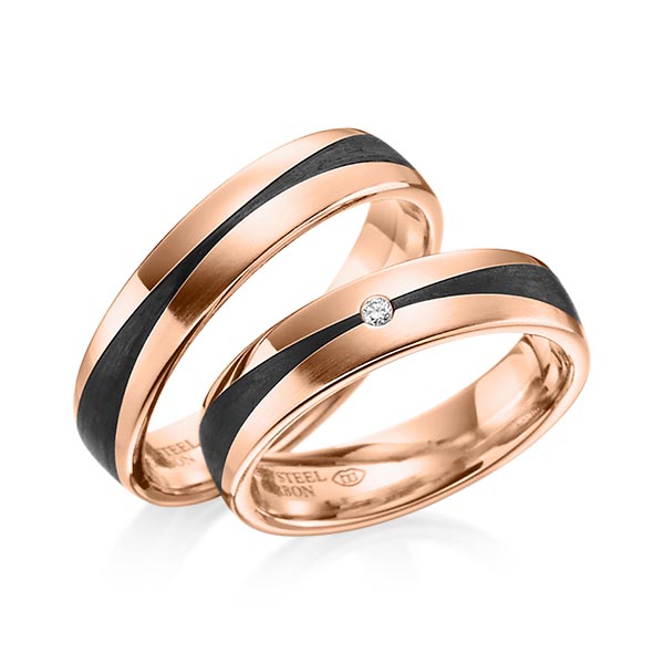 Paar Carbon Trauringe/Eheringe in Rotgold 585 Rotgold 585 Carbon-Einzug mit zus. 0,02 ct. Brillant tw, si von 123GOLD - Y-1344-7