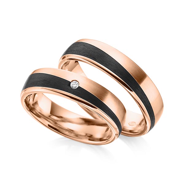 Paar Carbon Trauringe/Eheringe in Rotgold 585 Rotgold 585 Carbon-Einzug mit zus. 0,02 ct. Brillant tw, si von 123GOLD