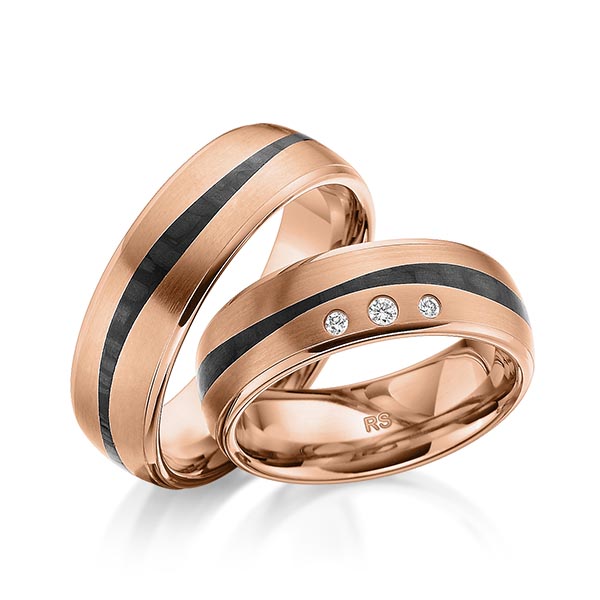 Paar Carbon Trauringe/Eheringe in Rotgold 585 Rotgold 585 Carbon-Einzug mit zus. 0,06 ct. Brillant tw, si von acredo
