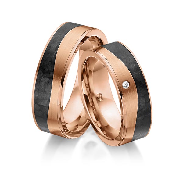 Paar Carbon Trauringe/Eheringe in Rotgold 585 Rotgold 585 mit Carbon-Einzug mit zus. 0,02 ct. Brillant tw, si von acredo