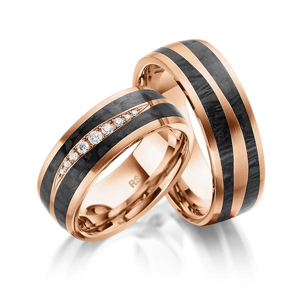 Paar Carbon Trauringe/Eheringe in Rotgold 585 Rotgold 585 mit Carbon-Einzug mit zus. 0,11 ct. Brillant tw, si von acredo