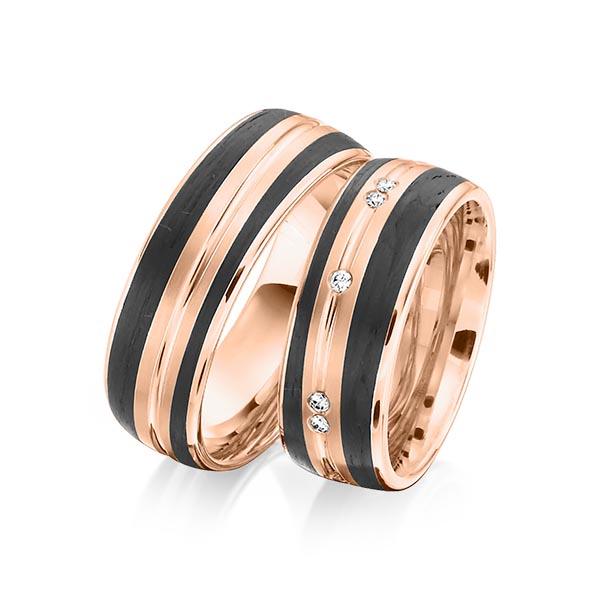 Paar Carbon Trauringe/Eheringe in Rotgold 585 Rotgold 585 mit Carbon-Einzug mit zus. 0,15 ct. Brillant tw, si von 123GOLD