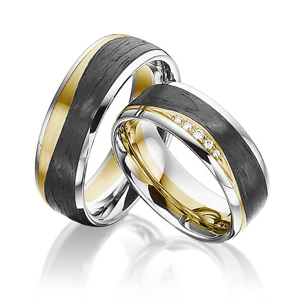 Paar Carbon Trauringe/Eheringe in Weißgold 585 Gelbgold 585 Gelbgold 585 Carbon-Einzug mit zus. 0,045 ct. Brillant tw, si von 123GOLD