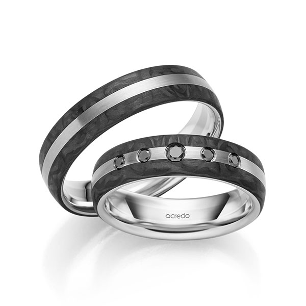 Paar Carbon Trauringe/Eheringe in Weißgold 585 mit zus. 0,15 ct. Brillant schwarz von acredo