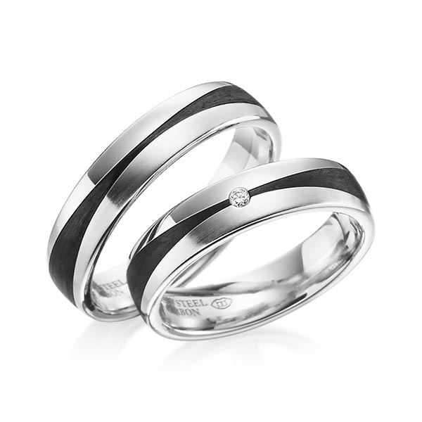 Paar Carbon Trauringe/Eheringe in Weißgold 585 Weißgold 585 Carbon-Einzug mit zus. 0,02 ct. Brillant tw, si von 123GOLD
