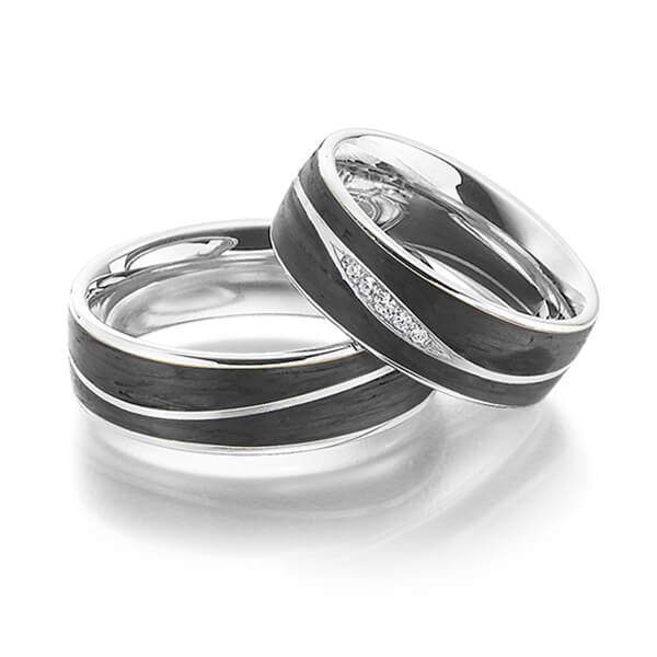 Paar Carbon Trauringe/Eheringe in Weißgold 585 Weißgold 585 Carbon-Einzug mit zus. 0,045 ct. Brillant tw, si von 123GOLD