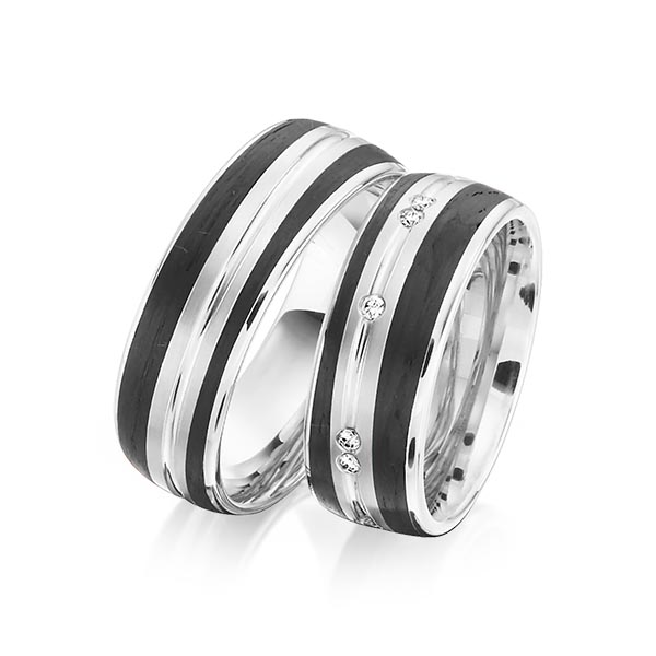 Paar Carbon Trauringe/Eheringe in Weißgold 585 Weißgold 585 mit Carbon-Einzug mit zus. 0,15 ct. Brillant tw, si von 123GOLD