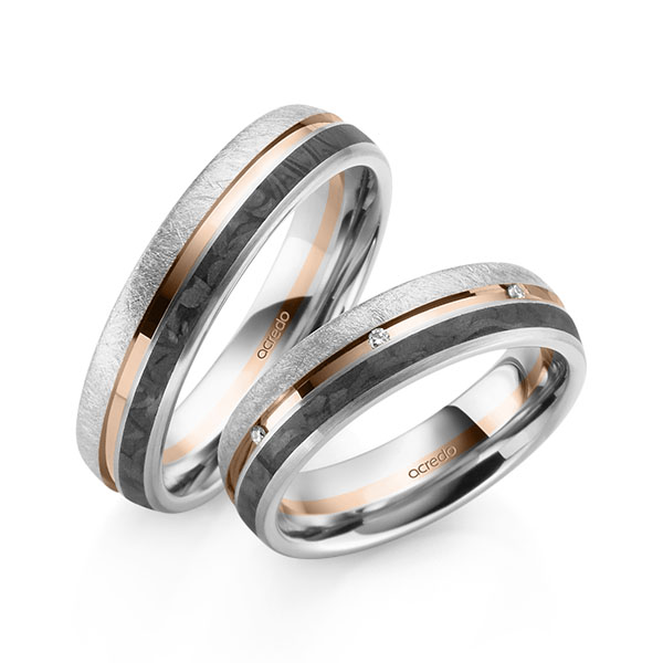 Paar Carbon Trauringe/Eheringe in Weißgold 585 Weißgold 585 mit Carbon-Einzug Rotgold 585 mit zus. 0,056 ct. Brillant tw, si von acredo