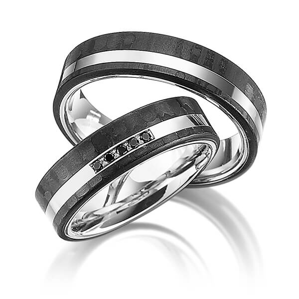 Paar Carbon Trauringe/Eheringe in Weißgold 750 mit Carbon-Einzug mit zus. 0,05 ct. Brillant schwarz von 123GOLD - Y-1319-1