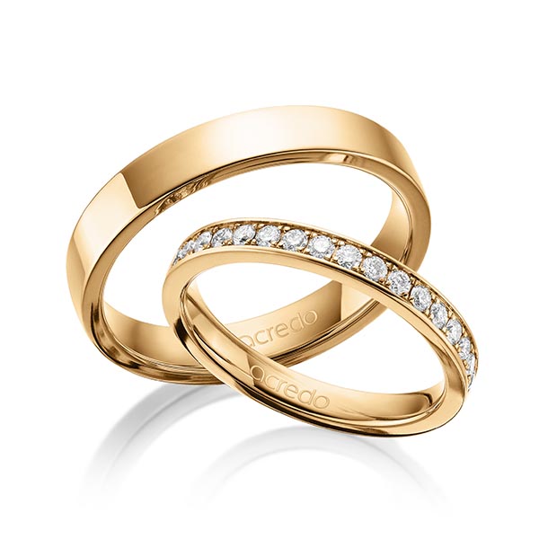 Paar klassische Memoire-Trauringe/Eheringe in außen Roségold 585 , innen Roségold 585 halbausgefasst mit zus. 0,36 ct. Brillant tw, si von acredo