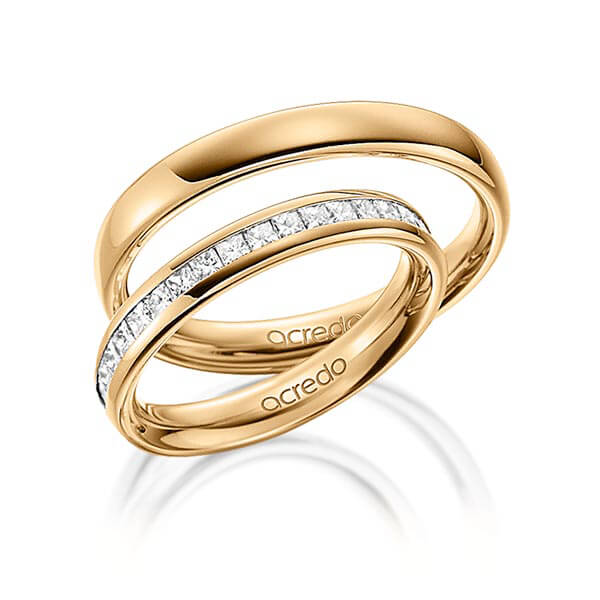 Paar klassische Memoire-Trauringe/Eheringe in außen Roségold 585 , innen Roségold 585 halbausgefasst mit zus. 0,54 ct. Prinzess-Diamant tw, si von acredo
