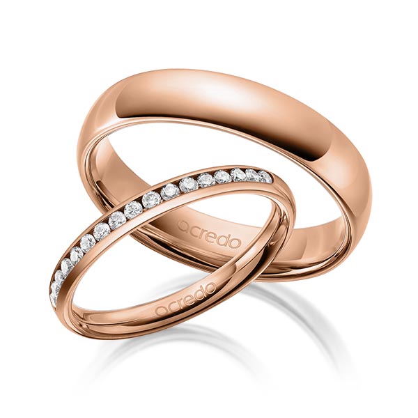 Paar klassische Memoire-Trauringe/Eheringe in außen Rotgold 585 , innen Rotgold 585 halbausgefasst mit zus. 0,3 ct. Brillant tw, si von acredo