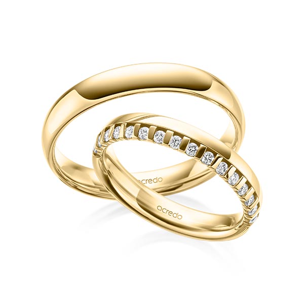 Paar klassische Memoire-Trauringe/Eheringe in Gelbgold 585 halbausgefasst mit zus. 0,225 ct. tw, si von acredo - A-2107-4 Paar klassische Memoire-Trauringe/Eheringe in Gelbgold 585 halbausgefasst mit zus. 0,225 ct. tw, si von acredo - A-2107-4