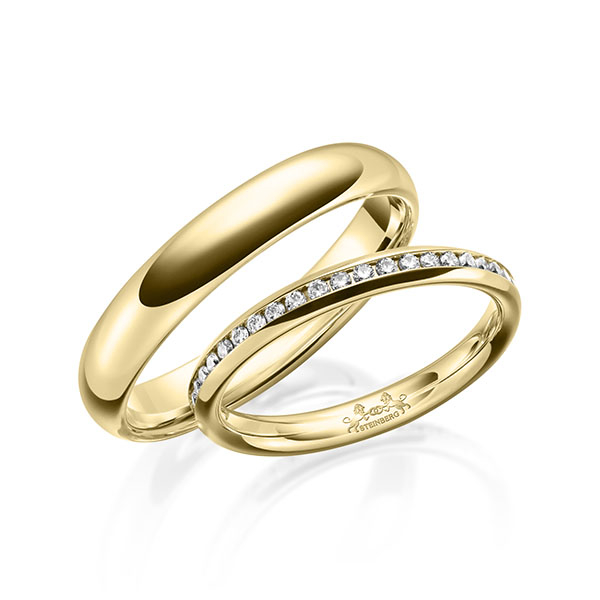 Paar klassische Memoire-Trauringe/Eheringe in Gelbgold 585 halbausgefasst mit zus. 0,22 ct. Brillant tw, si von Steinberg