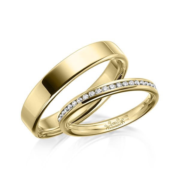 Paar klassische Memoire-Trauringe/Eheringe in Gelbgold 585 halbausgefasst mit zus. 0,22 ct. Brillant tw, si von Steinberg