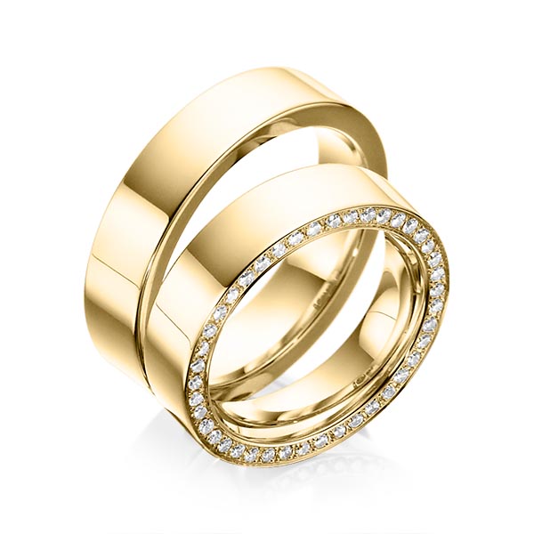 Paar klassische Memoire-Trauringe/Eheringe in Gelbgold 585 vollausgefasst mit zus. 0,41 ct. Brillant tw, si von Steinberg - Q-1078-1 Paar klassische Memoire-Trauringe/Eheringe in Gelbgold 585 vollausgefasst mit zus. 0,41 ct. Brillant tw, si von Steinberg - Q-1078-1