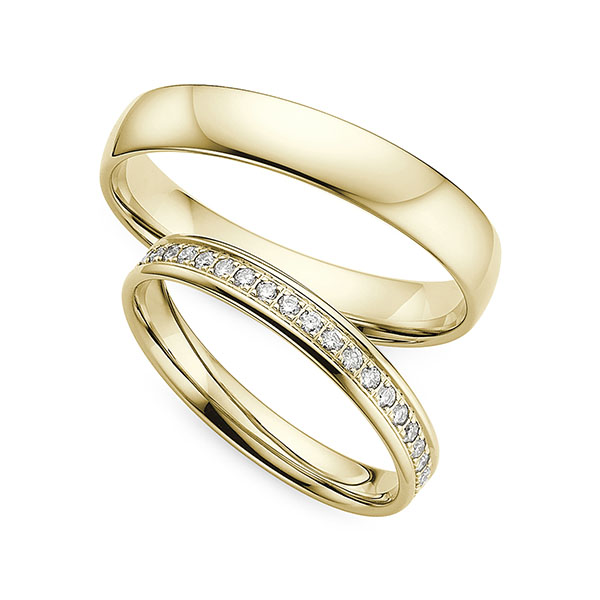 Paar klassische Memoire-Trauringe/Eheringe in Gelbgold 585 vollausgefasst mit zus. 0,41 ct. Brillant w, si von Merii