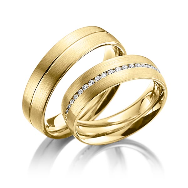 Paar klassische Memoire-Trauringe/Eheringe in Gelbgold 585 vollausgefasst mit zus. 0,44 ct. Brillant tw, si von Steinberg - Q-1070-3 Paar klassische Memoire-Trauringe/Eheringe in Gelbgold 585 vollausgefasst mit zus. 0,44 ct. Brillant tw, si von Steinberg - Q-1070-3