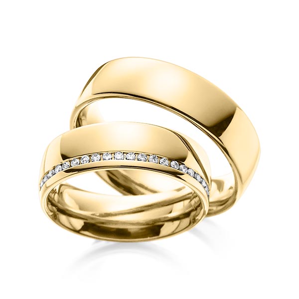 Paar klassische Memoire-Trauringe/Eheringe in Gelbgold 585 vollausgefasst mit zus. 0,45 ct. Brillant tw, si von Steinberg - Q-1076-3 Paar klassische Memoire-Trauringe/Eheringe in Gelbgold 585 vollausgefasst mit zus. 0,45 ct. Brillant tw, si von Steinberg - Q-1076-3
