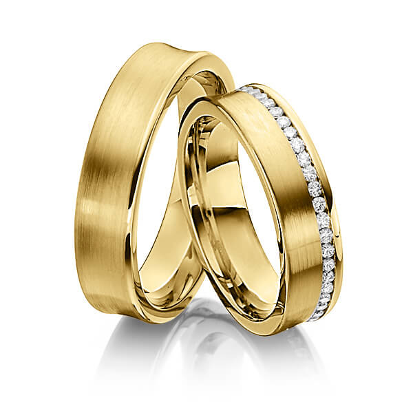 Paar klassische Memoire-Trauringe/Eheringe in Gelbgold 585 vollausgefasst mit zus. 0,47 ct. Brillant tw, si von Steinberg