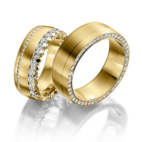 Paar klassische Memoire-Trauringe/Eheringe in Gelbgold 585 vollausgefasst mit zus. 2,15 ct. Brillant tw, si von Steinberg