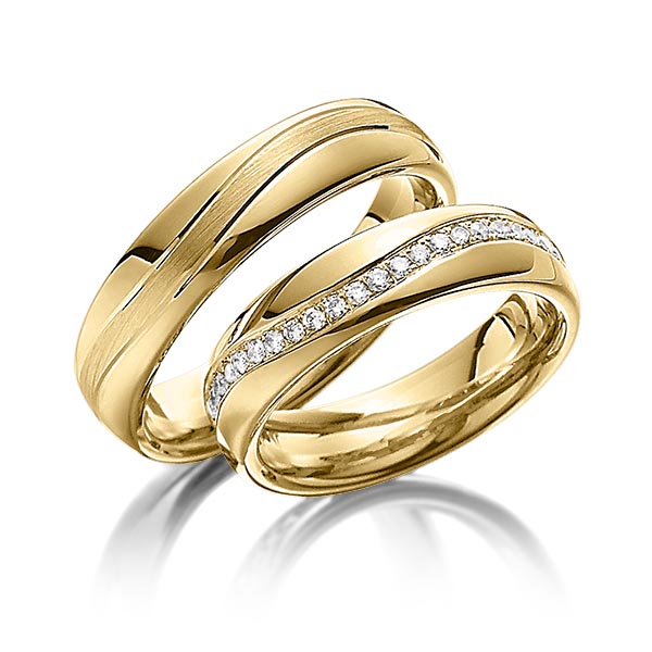 Paar klassische Memoire-Trauringe/Eheringe in Gelbgold 916 vollausgefasst mit zus. 0,48 ct. Brillant tw, si von Steinberg - Q-1086-3 Paar klassische Memoire-Trauringe/Eheringe in Gelbgold 916 vollausgefasst mit zus. 0,48 ct. Brillant tw, si von Steinberg - Q-1086-3