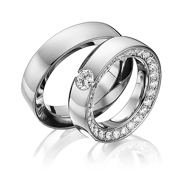 Paar klassische Memoire-Trauringe/Eheringe in Graugold 585 vollausgefasst mit 0,5 ct. + zus. 0,93 ct. Brillant tw, vs von 123GOLD