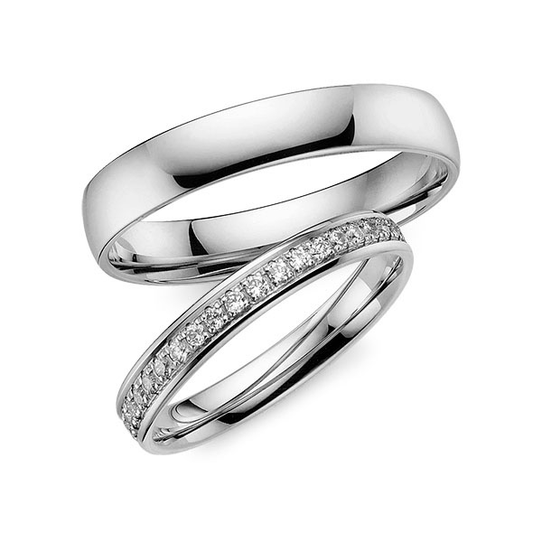 Paar klassische Memoire-Trauringe/Eheringe in Graugold 585 vollausgefasst mit zus. 0,68 ct. Brillant tw, si von Merii