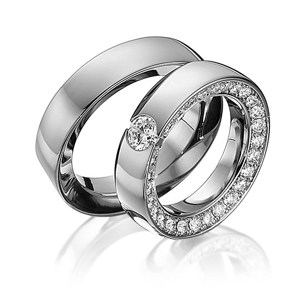 Paar klassische Memoire-Trauringe/Eheringe in Graugold dunkel 585 vollausgefasst mit 0,5 ct. + zus. 0,93 ct. Brillant tw, vs von 123GOLD