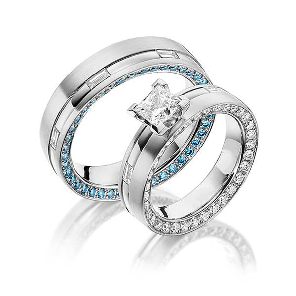 Paar klassische Memoire-Trauringe/Eheringe in Innen Graugold 750 , außen Graugold 750 vollausgefasst mit 1 ct. + zus. 1,3 ct. Baguette-Diamant & Prinzess-Diamant & Brillant r, if tw, vs iceblue von ac