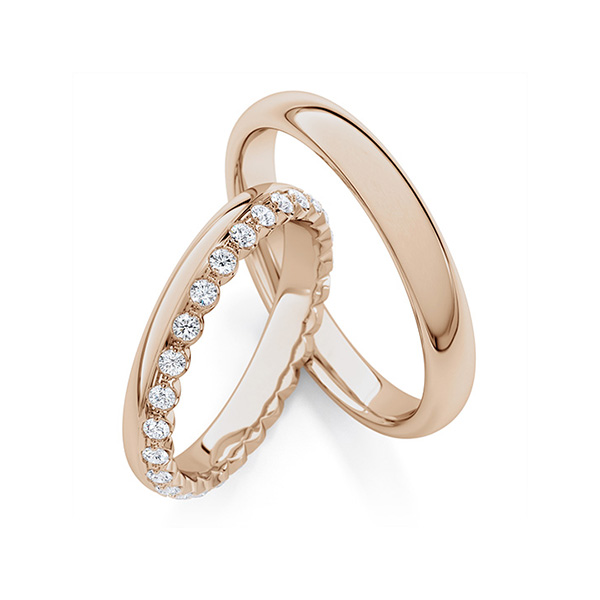 Paar klassische Memoire-Trauringe/Eheringe in Peach-Gold 585 vollausgefasst mit zus. 0,54 ct. tw, si von Steinberg