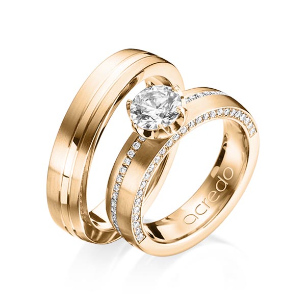 Paar klassische Memoire-Trauringe/Eheringe in Roségold 585 halbausgefasst mit 0,7 ct. + zus. 0,275 ct. Brillant tw, vs tw, si von acredo - A-1202-6 Paar klassische Memoire-Trauringe/Eheringe in Roségold 585 halbausgefasst mit 0,7 ct. + zus. 0,275 ct. Brillant tw, vs tw, si von acredo - A-1202-6