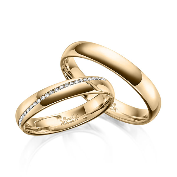 Paar klassische Memoire-Trauringe/Eheringe in Roségold 585 halbausgefasst mit zus. 0,14 ct. Brillant tw, si von Steinberg