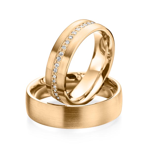 Paar klassische Memoire-Trauringe/Eheringe in Roségold 585 halbausgefasst mit zus. 0,21 ct. Brillant tw, si von Steinberg