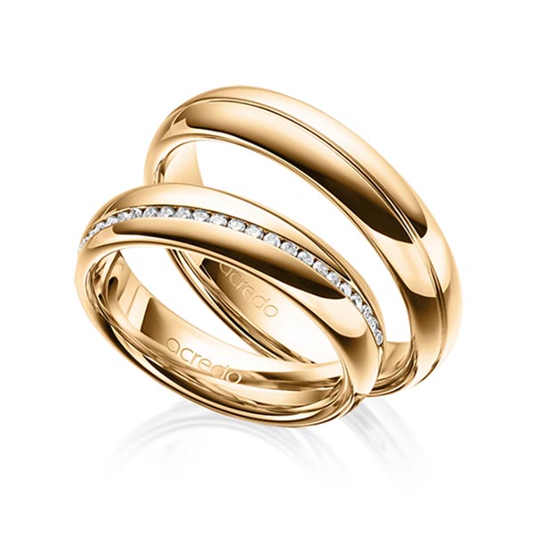 Paar klassische Memoire-Trauringe/Eheringe in Roségold 585 halbausgefasst mit zus. 0,2 ct. Brillant tw, si von acredo