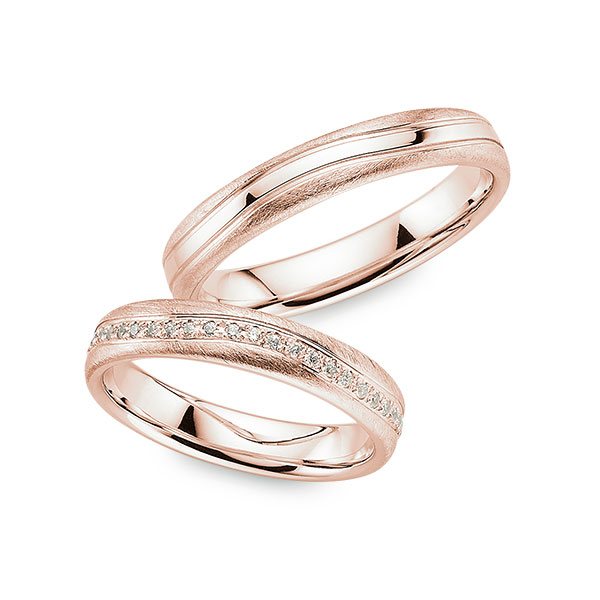 Paar klassische Memoire-Trauringe/Eheringe in Roségold 585 vollausgefasst mit zus. 0,27 ct. Brillant tw, si von Merii