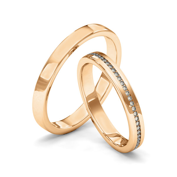 Paar klassische Memoire-Trauringe/Eheringe in Roségold 585 vollausgefasst mit zus. 0,29 ct. Brillant tw, si von Merii