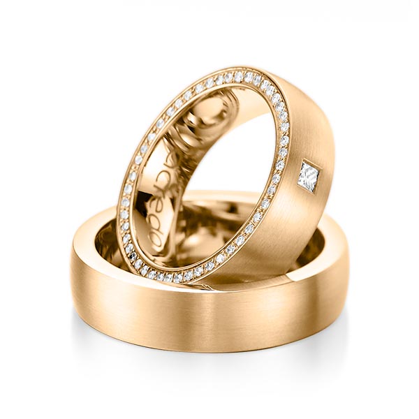 Paar klassische Memoire-Trauringe/Eheringe in Roségold 585 vollausgefasst mit zus. 0,365 ct. Brillant & Prinzess-Diamant tw, si von acredo - A-1071-5